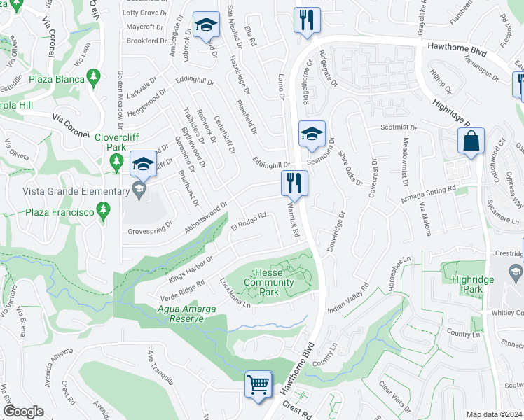 map of restaurants, bars, coffee shops, grocery stores, and more near 6619 El Rodeo Road in Rancho Palos Verdes