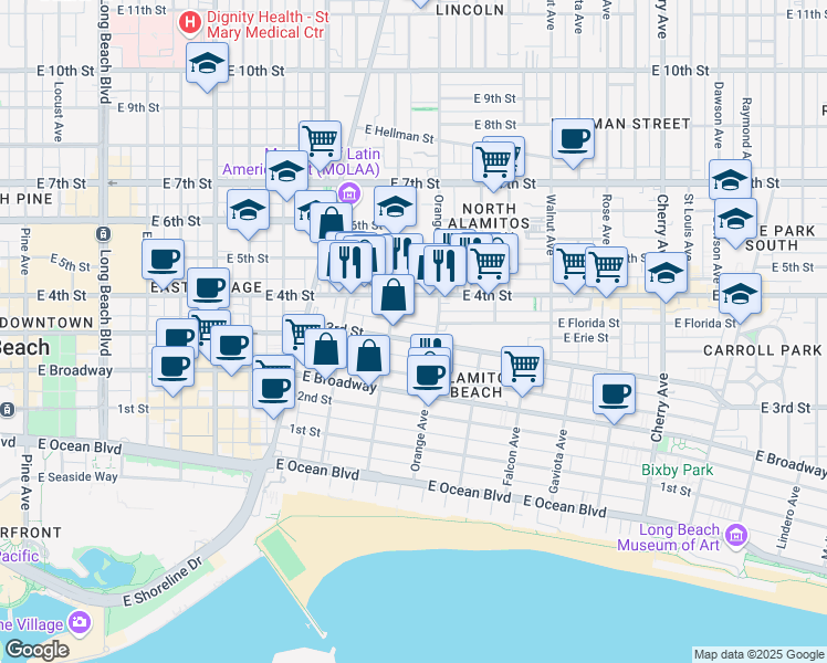 map of restaurants, bars, coffee shops, grocery stores, and more near 1135 East 3rd Street in Long Beach