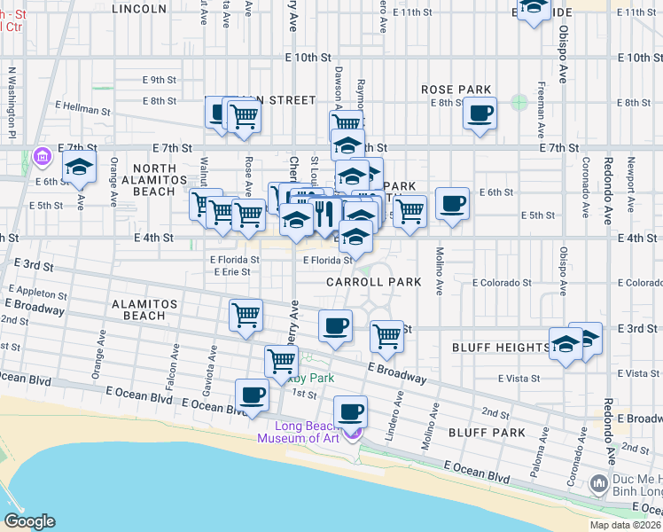 map of restaurants, bars, coffee shops, grocery stores, and more near 2132 East Florida Street in Long Beach