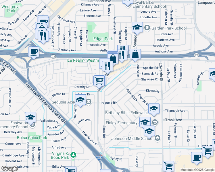 map of restaurants, bars, coffee shops, grocery stores, and more near 6022 Pamela Lane in Westminster