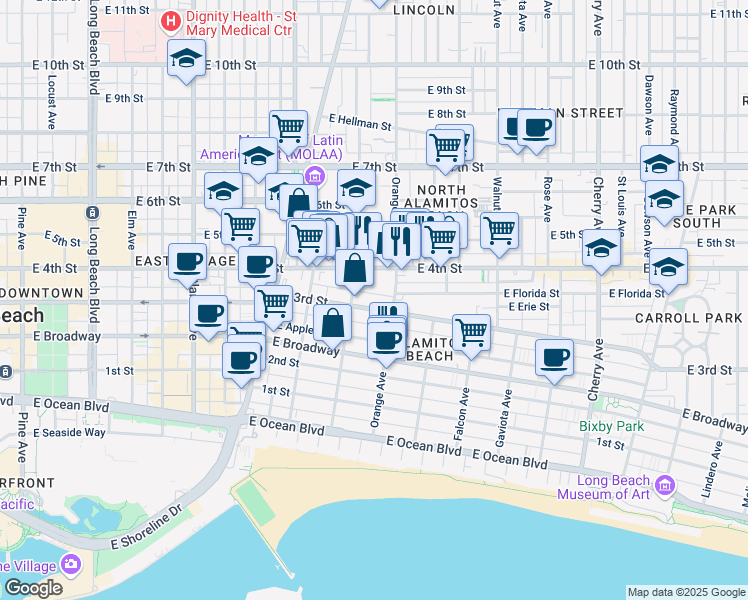 map of restaurants, bars, coffee shops, grocery stores, and more near 1129 East 3rd Street in Long Beach