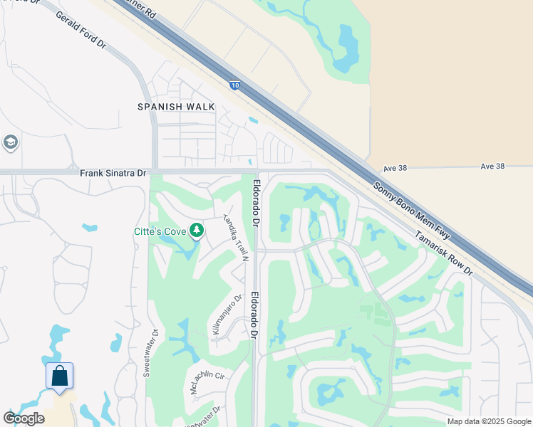 map of restaurants, bars, coffee shops, grocery stores, and more near 38312 Zinnia Lane East in Palm Desert