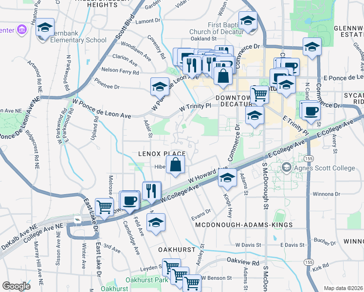 map of restaurants, bars, coffee shops, grocery stores, and more near 135 Ridley Lane in Decatur
