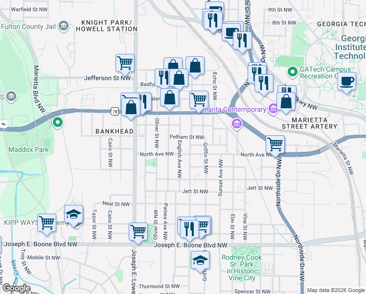 map of restaurants, bars, coffee shops, grocery stores, and more near 599 James P Brawley Drive Northwest in Atlanta