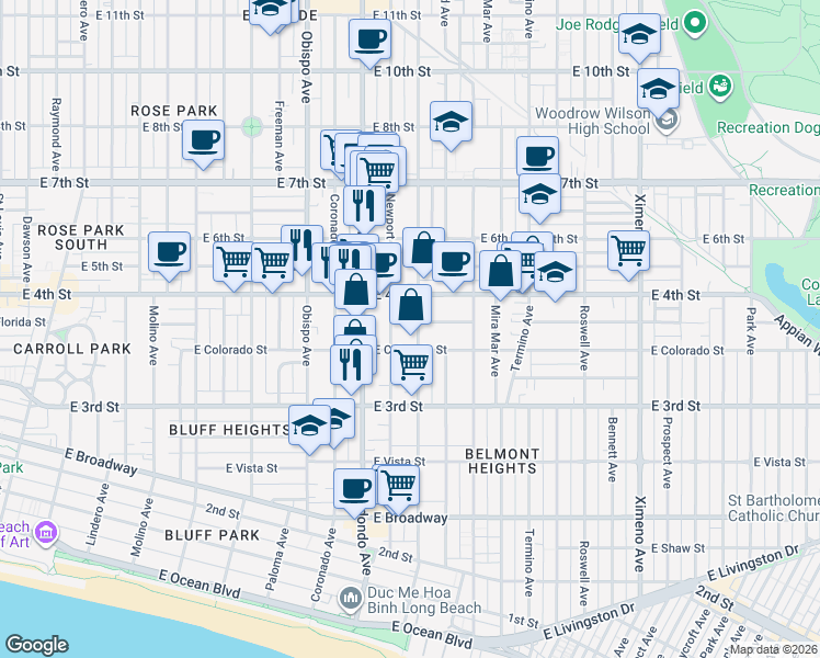 map of restaurants, bars, coffee shops, grocery stores, and more near 367 Loma Avenue in Long Beach