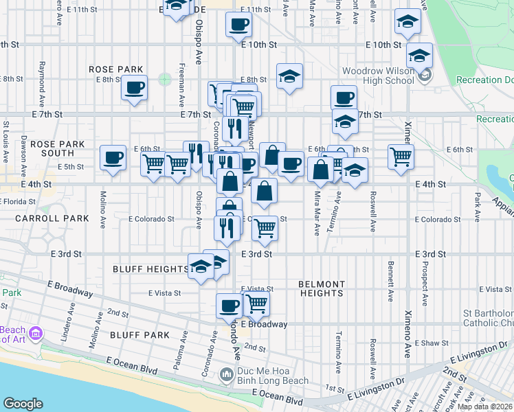 map of restaurants, bars, coffee shops, grocery stores, and more near 368 Newport Avenue in Long Beach