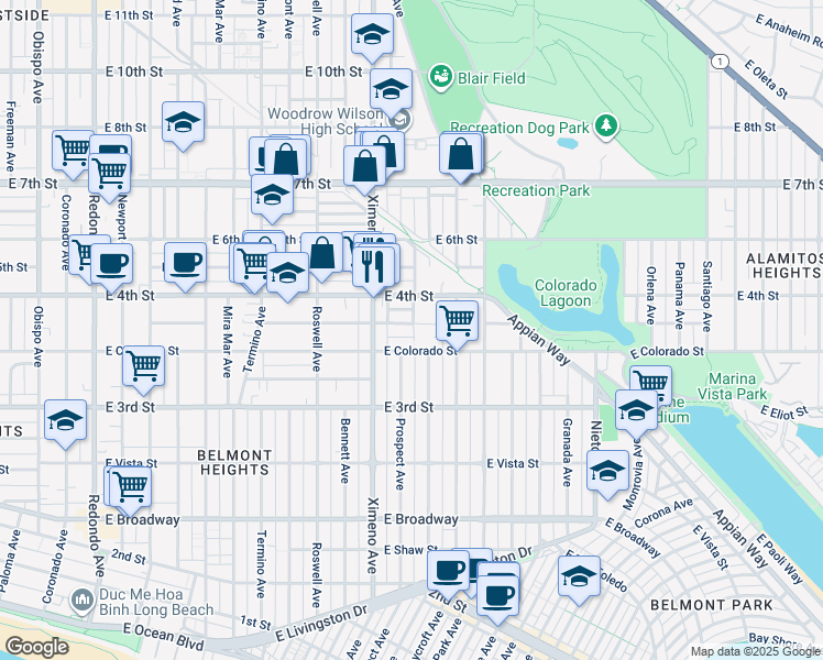 map of restaurants, bars, coffee shops, grocery stores, and more near 4512 East Vermont Street in Long Beach
