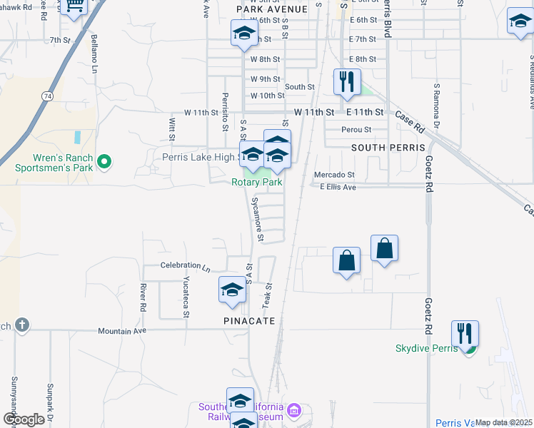 map of restaurants, bars, coffee shops, grocery stores, and more near 362 Red Maple Place in Perris
