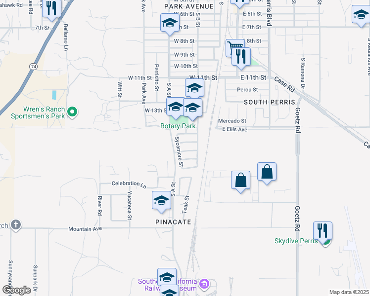 map of restaurants, bars, coffee shops, grocery stores, and more near 362 Red Maple Place in Perris