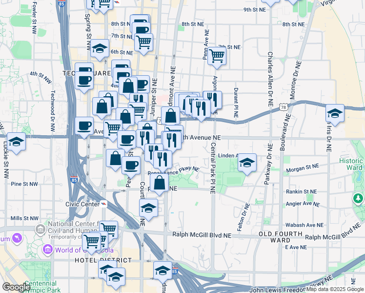 map of restaurants, bars, coffee shops, grocery stores, and more near 215 North Avenue Northeast in Atlanta