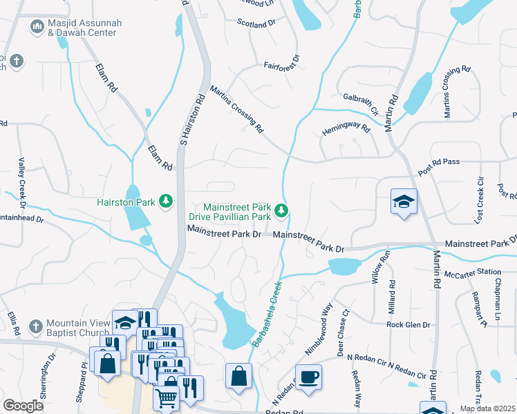 map of restaurants, bars, coffee shops, grocery stores, and more near 845 Heritage Oaks Drive in Stone Mountain