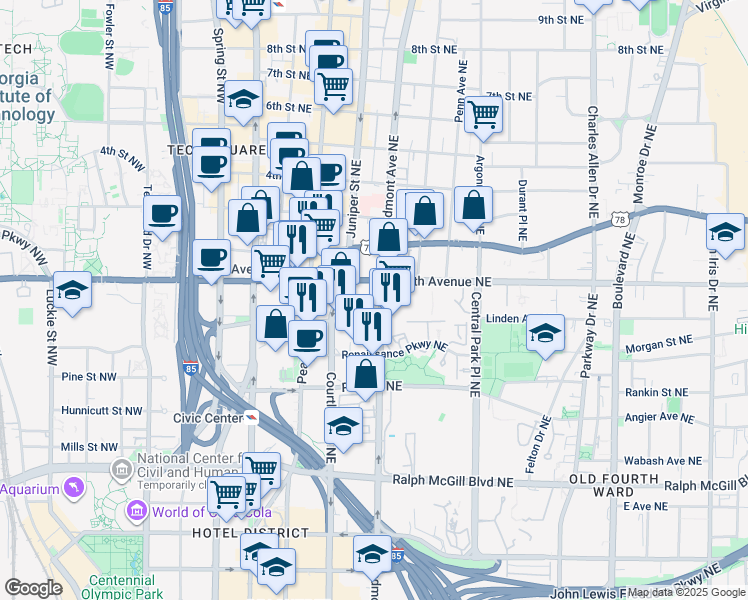 map of restaurants, bars, coffee shops, grocery stores, and more near 590 Piedmont Avenue Northeast in Atlanta