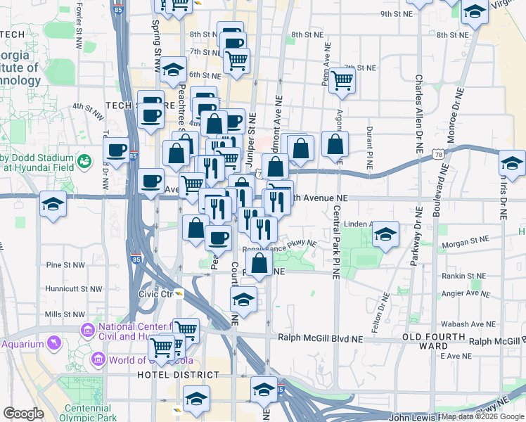 map of restaurants, bars, coffee shops, grocery stores, and more near in Atlanta
