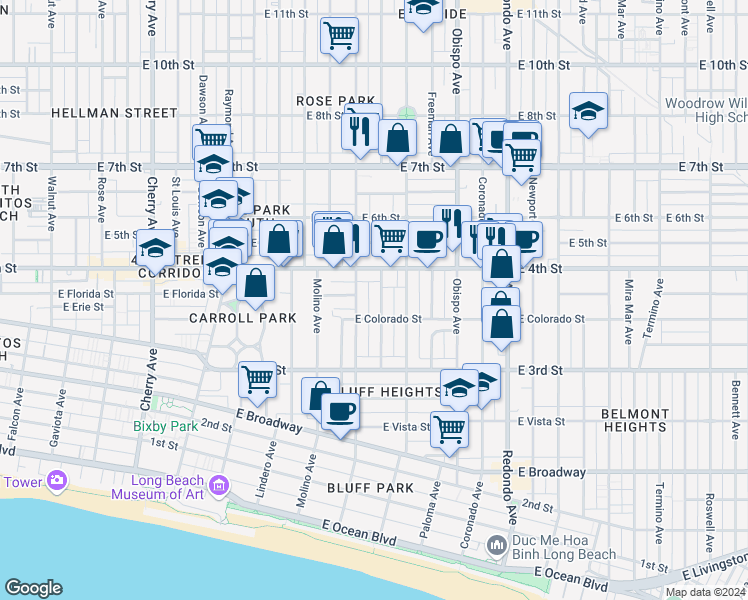 map of restaurants, bars, coffee shops, grocery stores, and more near 375 Gladys Avenue in Long Beach