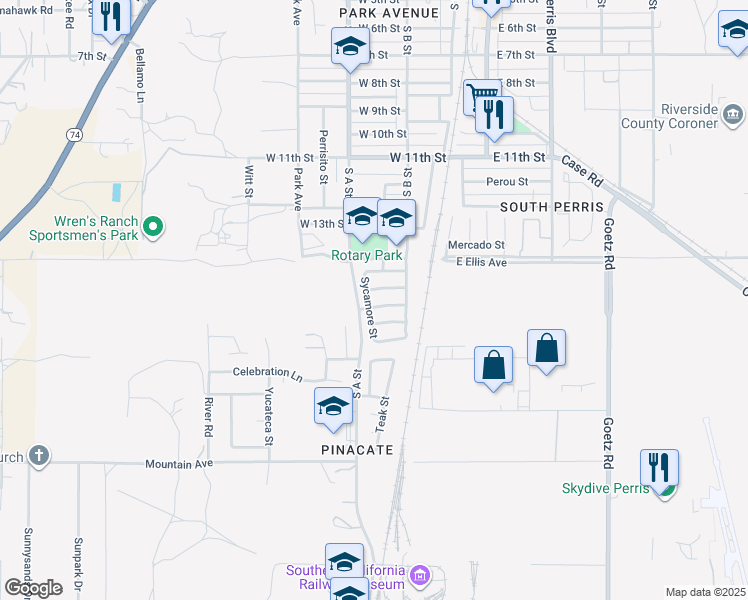 map of restaurants, bars, coffee shops, grocery stores, and more near 1672 Sycamore Street in Perris