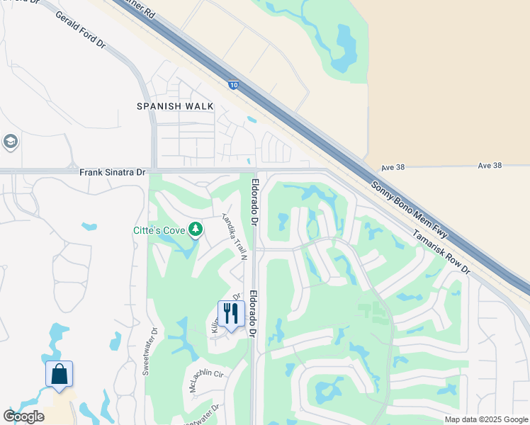map of restaurants, bars, coffee shops, grocery stores, and more near 38312 Zinnia Lane East in Palm Desert