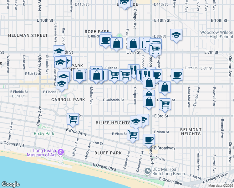 map of restaurants, bars, coffee shops, grocery stores, and more near 380 Orizaba Avenue in Long Beach