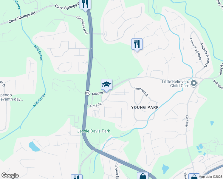 map of restaurants, bars, coffee shops, grocery stores, and more near 2002 Autry Circle in Douglasville