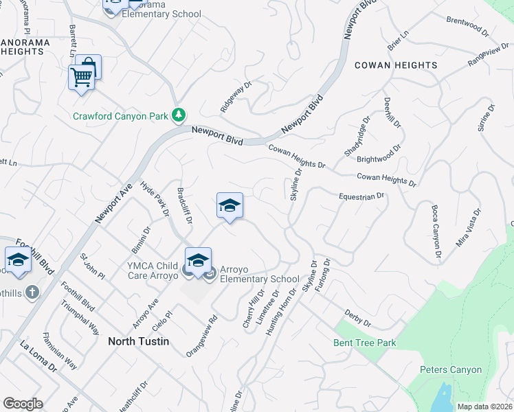 map of restaurants, bars, coffee shops, grocery stores, and more near 1292 Peacock Hill Drive in North Tustin