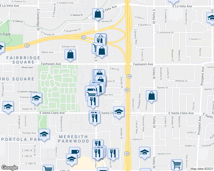 map of restaurants, bars, coffee shops, grocery stores, and more near 2226 Grovemont Street in Santa Ana