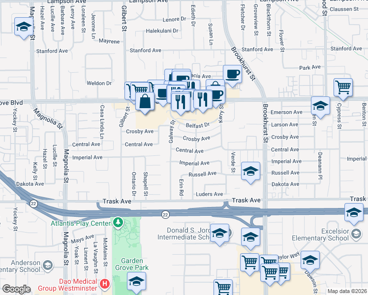 map of restaurants, bars, coffee shops, grocery stores, and more near 9662 Crosby Avenue in Garden Grove