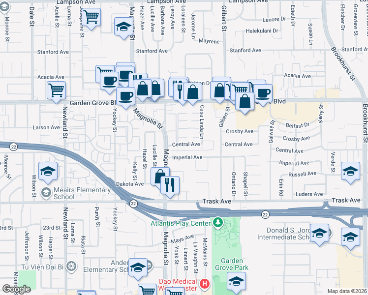 map of restaurants, bars, coffee shops, grocery stores, and more near 9091 Central Avenue in Garden Grove