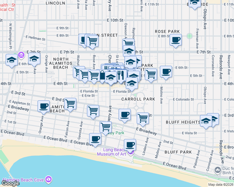 map of restaurants, bars, coffee shops, grocery stores, and more near 2040 East Florida Street in Long Beach
