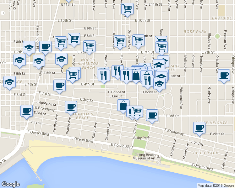 map of restaurants, bars, coffee shops, grocery stores, and more near 1721 East Florida Street in Long Beach