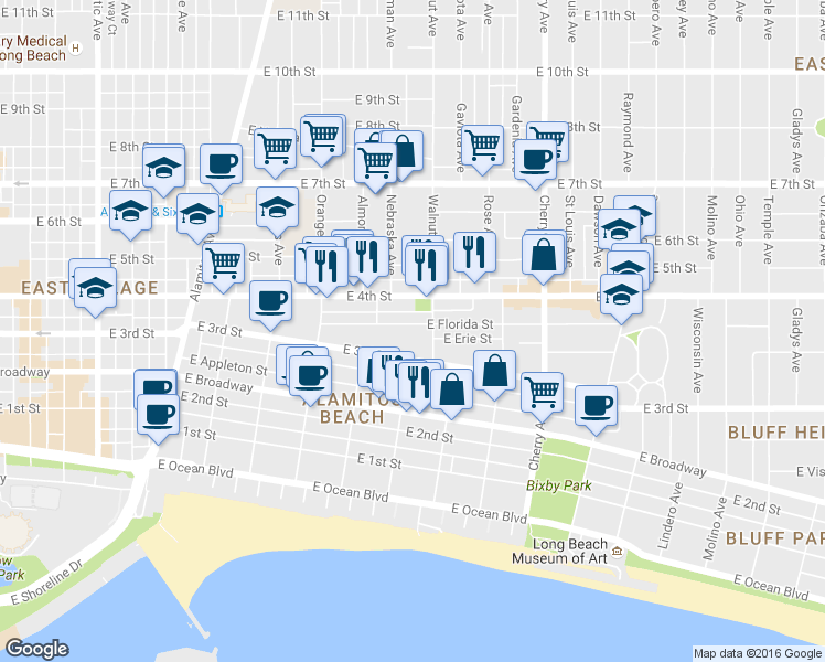 map of restaurants, bars, coffee shops, grocery stores, and more near 1509 East Florida Street in Long Beach