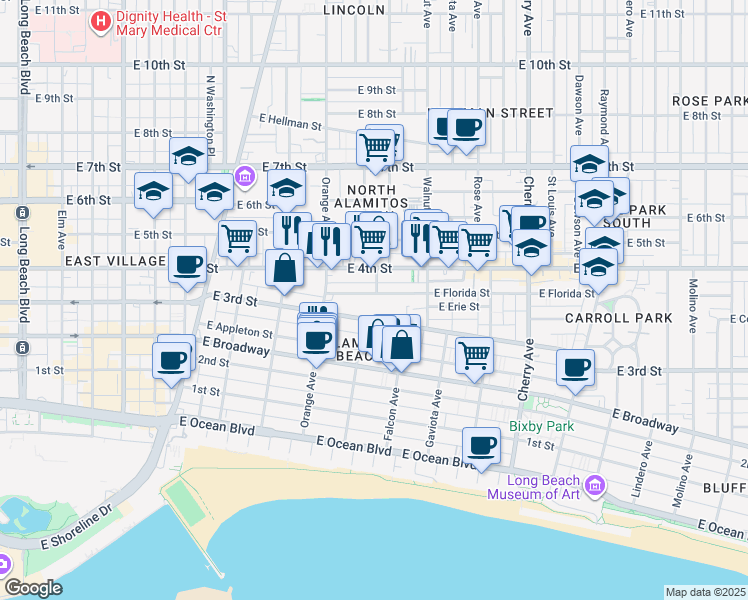 map of restaurants, bars, coffee shops, grocery stores, and more near 1335 East Florida Street in Long Beach