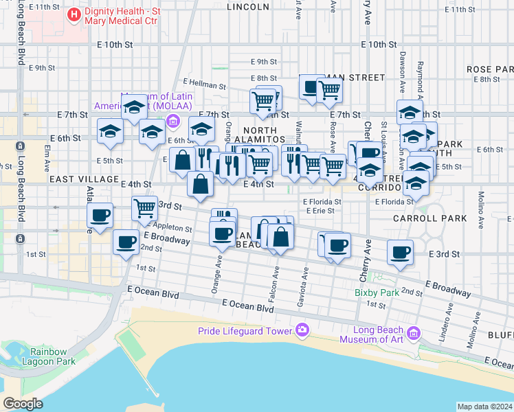 map of restaurants, bars, coffee shops, grocery stores, and more near 1335 East Florida Street in Long Beach
