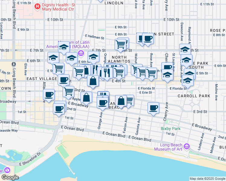 map of restaurants, bars, coffee shops, grocery stores, and more near 1217 East Florida Street in Long Beach