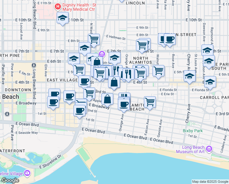 map of restaurants, bars, coffee shops, grocery stores, and more near 1129 East 3rd Street in Long Beach