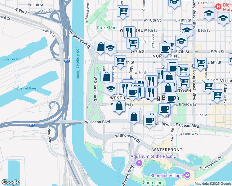 map of restaurants, bars, coffee shops, grocery stores, and more near 316 North Nylic Court in Long Beach