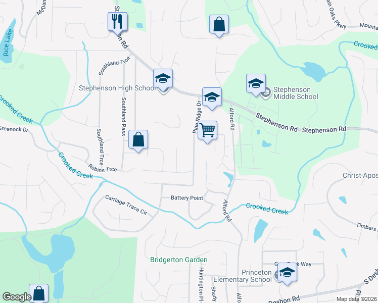 map of restaurants, bars, coffee shops, grocery stores, and more near 845 Pine Ridge Drive in Stone Mountain
