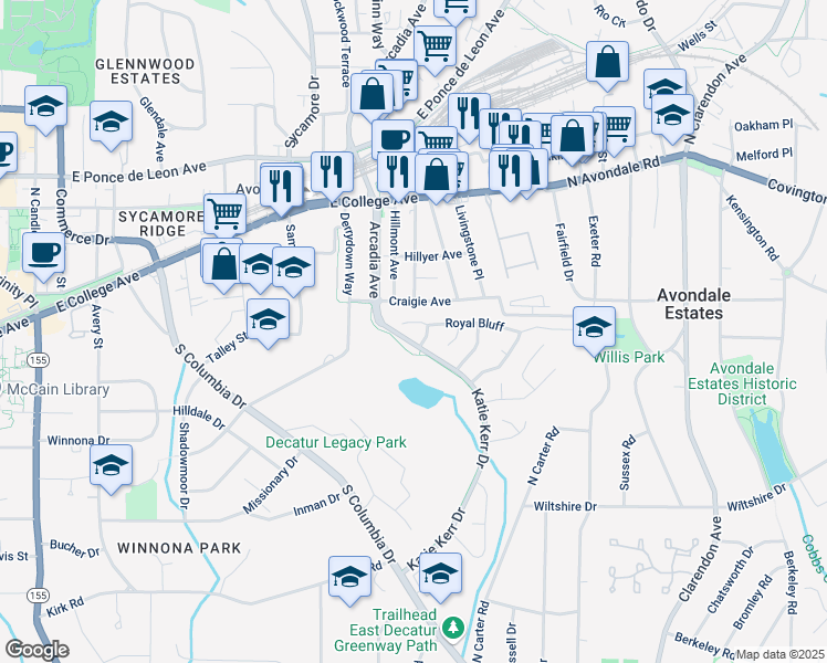 map of restaurants, bars, coffee shops, grocery stores, and more near 2735 Royal Bluff in Decatur