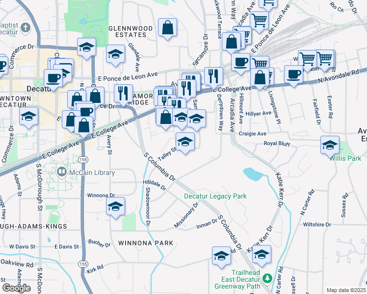 map of restaurants, bars, coffee shops, grocery stores, and more near 2614 Talley Street in Decatur