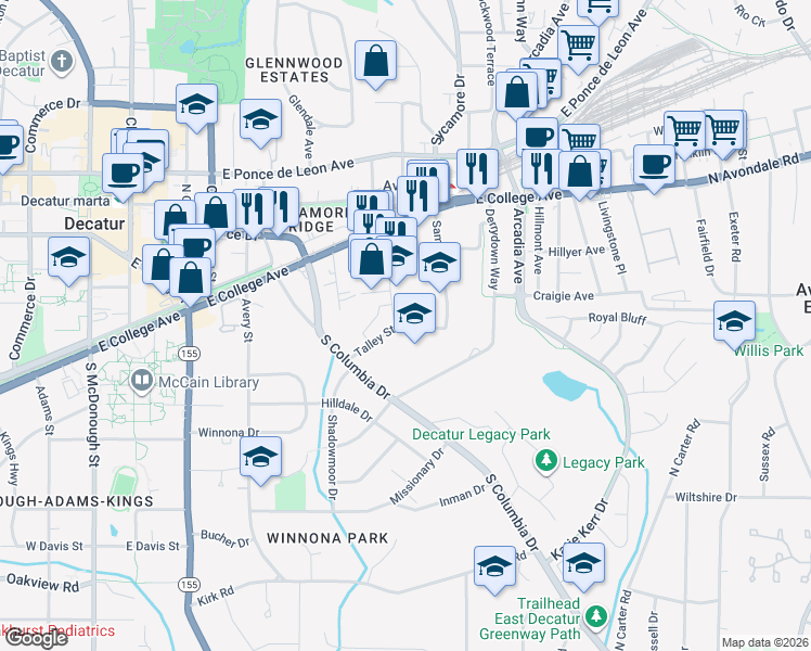 map of restaurants, bars, coffee shops, grocery stores, and more near 2634 Talley Street in Decatur