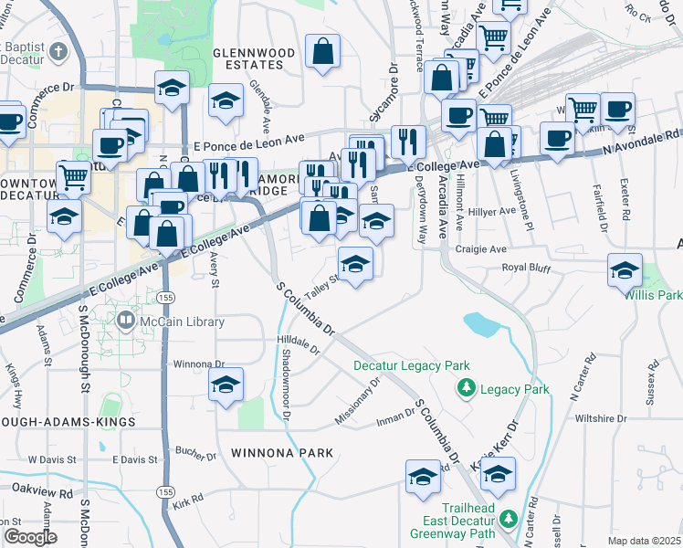 map of restaurants, bars, coffee shops, grocery stores, and more near 151 New Street in Decatur