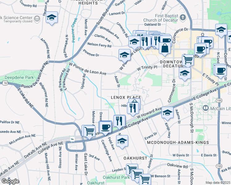 map of restaurants, bars, coffee shops, grocery stores, and more near 266 Adair Street in Decatur