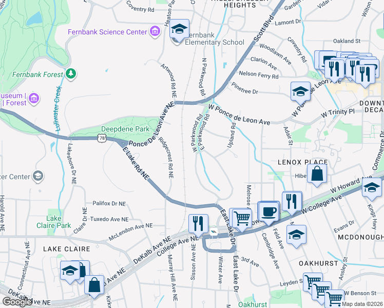 map of restaurants, bars, coffee shops, grocery stores, and more near 374 West Parkwood Road in Decatur