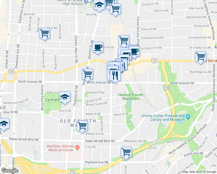 map of restaurants, bars, coffee shops, grocery stores, and more near in Atlanta