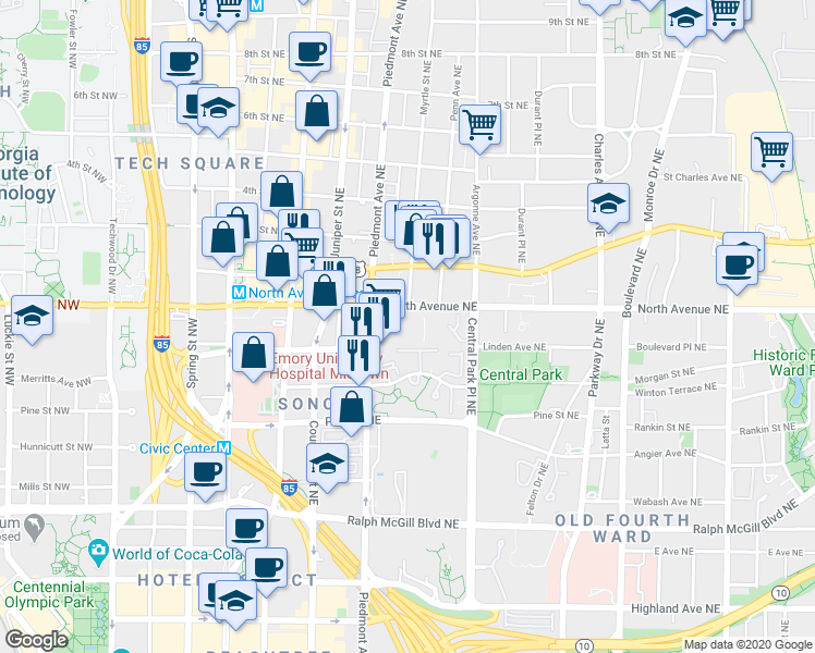 map of restaurants, bars, coffee shops, grocery stores, and more near 105 North Avenue Northeast in Atlanta