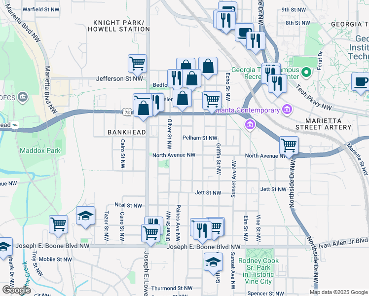 map of restaurants, bars, coffee shops, grocery stores, and more near in Atlanta