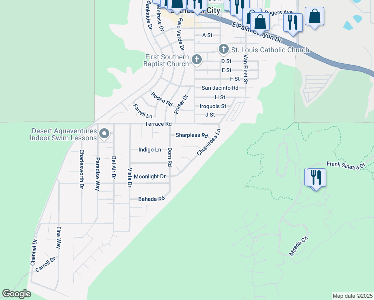map of restaurants, bars, coffee shops, grocery stores, and more near 68580 Nightingale Road in Cathedral City