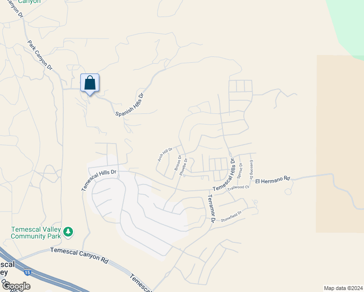 map of restaurants, bars, coffee shops, grocery stores, and more near 24025 Phoebe Drive in Temescal Valley
