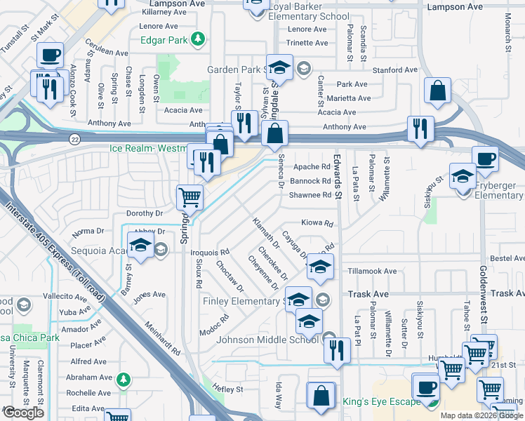 map of restaurants, bars, coffee shops, grocery stores, and more near 6222 Shawnee Road in Westminster