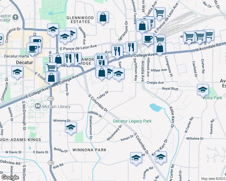 map of restaurants, bars, coffee shops, grocery stores, and more near 2614 Talley Street in Decatur