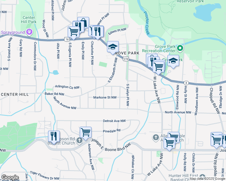 map of restaurants, bars, coffee shops, grocery stores, and more near 555 Marktrey Place Northwest in Atlanta