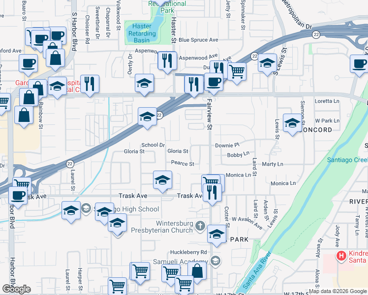 map of restaurants, bars, coffee shops, grocery stores, and more near 12802 Downie Place in Garden Grove